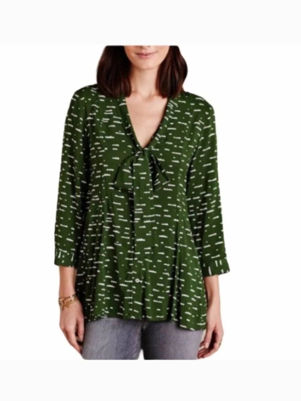 EUC MAEVE Green Printed Tie-Neck Swing Blouse Button Down Size S